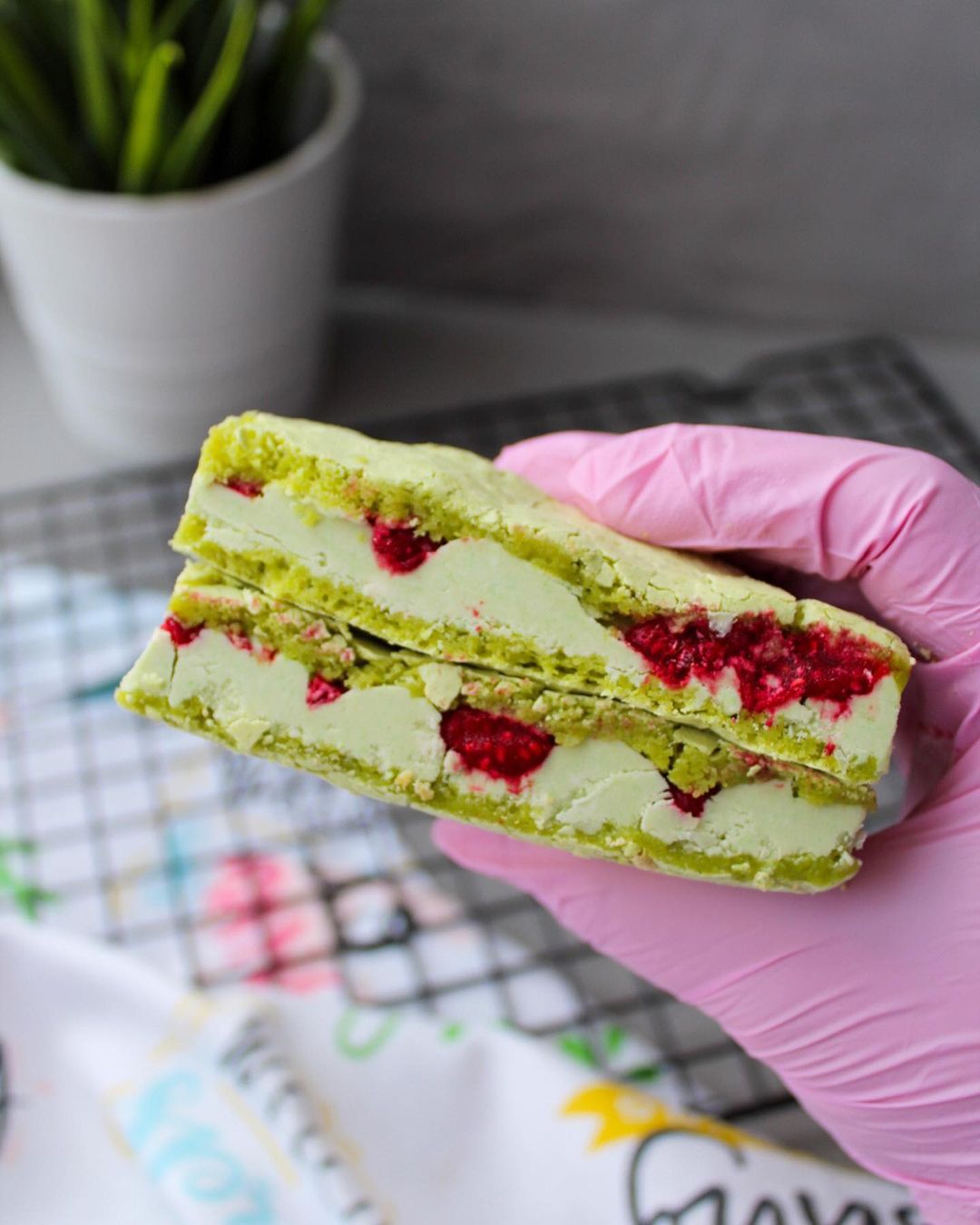 Pistachio ice cream cake with raspberry