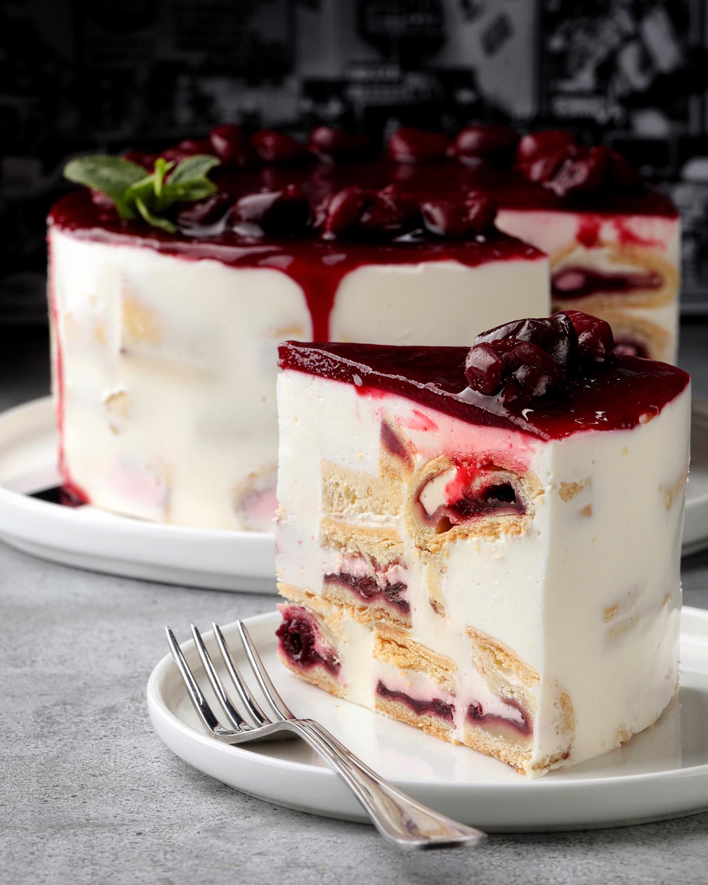 Sour cream soufflé cake with cherries