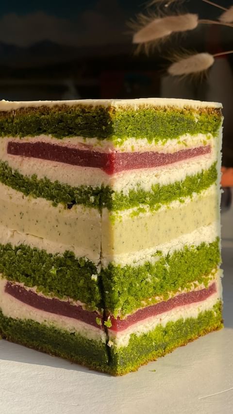 Spinach Lime Cake with Strawberry Compote