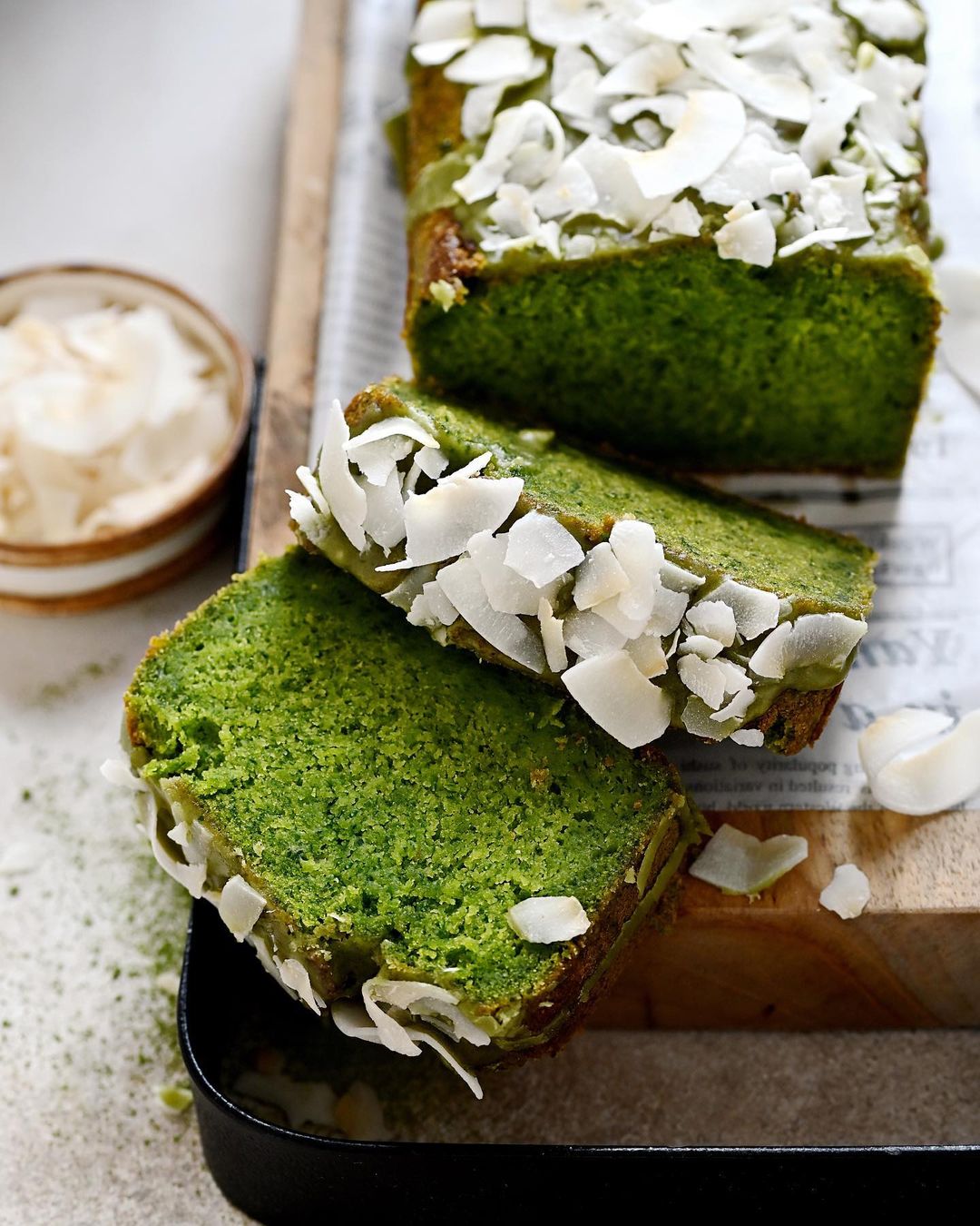 Spinach tea cake with coconut and lemon glaze