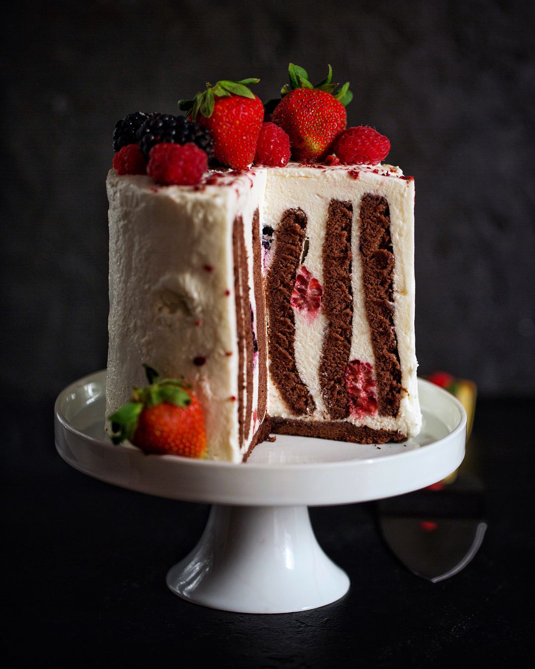 Vertical chocolate cake with yoghurt souffle